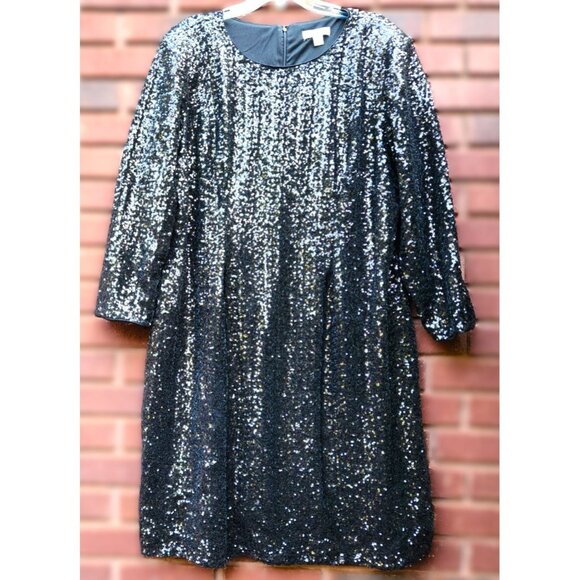 COLDWATER CREEK STRETCH BLACK SEQUIN LNG SLVE DRESS COCKTAIL MIDI  Sz 24 NWOT - Picture 1 of 9